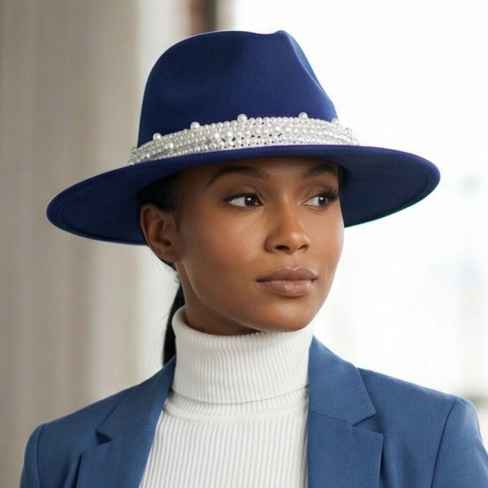 New Style Navy Blue Fashion Fedora Jazz Hat with Wide Pearl Belt